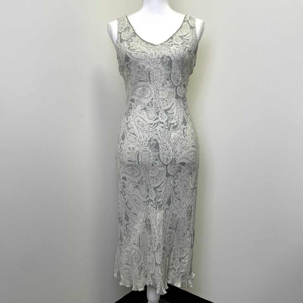 Y2K Jones New York Signature 6P Silk Paisley Beaded Midi Dress Grey Cream